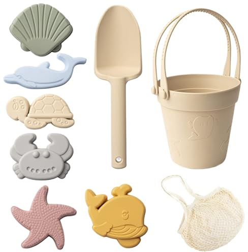 Syglawnd Jouets de Sable pour Enfants, 8 pièces Jouets de Plage en Silicone sûrs avec Pelle, Seau et moules à Sable, boîte étanche pour Voyage été extérieur Beige, Plage pour Enfants