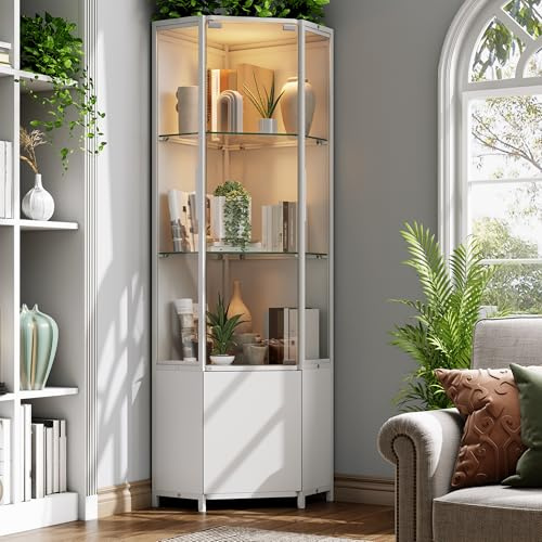 Eckvitrine mit Gehärtetem Glas，165cm Höhe Eck Vitrinenschrank mit LED Beleuchtung，3-stufige Schauvitrine und 1-stufige Cabient, Vitrine für Sammlerstücke, Spirituosen, Wohnzimmer, Schlafzimmer, Büro