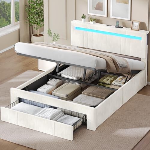 AGOLLATI Camas Matrimoniales 140x190 con Almacenamiento Hidráulico, Somier Tapizado con LED Cama Juvenil Canapé con Estación de Carga Cama con Cabecero Ajustable y Cajones Marco de Cama Terciopelo