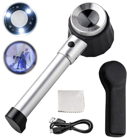 Lupe mit Licht 45 Fach, Lampe mit Lupe, Dermatoskop mit Messskala mit 3LED | Leselupe für Senioren, Handlupe, Abnehmbarer Griff, Wiederaufladbar, für Dermatoskopie, Juwelier, Münzen, Haut Inspection