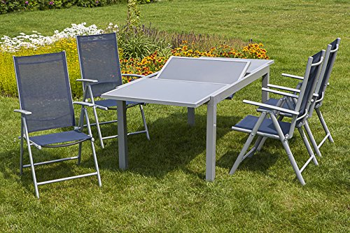 MERXX 5tlg. Amalfi Set, 4 Amalfi Klappsessel, Rückenlehne 5-Fach verstellbar, 1 Ausziehtisch, 120 (180) x 90 cm, Marineblau