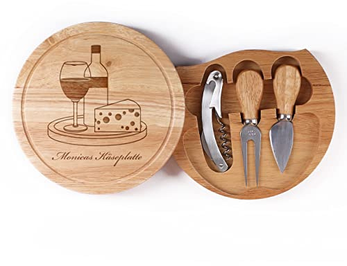 Cera & Toys® 4-teiliges Käsebrett Set mit Gravur/Holz-Servierplatte mit Besteck Wein und Käse