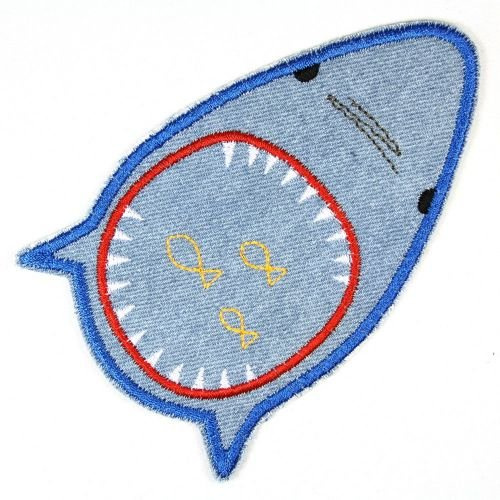 patches Hai Bügelflicken 8,9 x 9,3 cm scharfe Zähne hellblau Flicken zum aufbügeln Bügelbild Accessoires Kniefliciken und Hosenflicken für Kinder
