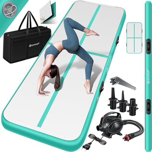 KESSER® Turnmatte Aufblasbar Airtrack Fitness-Matte Gymnastikmatte | inkl. Tragetasche & elektr. Luftpumpe | Yogamatte, Tumbling Matten, Trainingsmatte (Mint Grün, 400 x 100 x 10 cm)