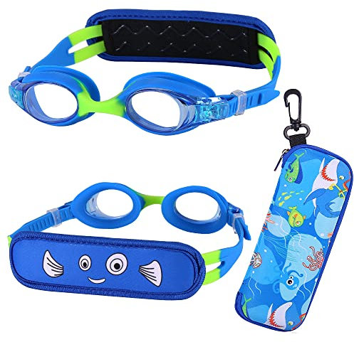 RUIGAO Lunettes de natation pour enfants de 2 à 8 ans avec sangle en tissu, sans douleur et sans nœuds, lunettes de natation pour tout-petits avec étui à personnage, bleu