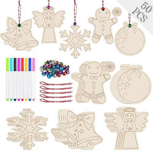 Ywlake 50pcs Unfinished Wooden Slices DIY Hanging Ornaments for Christmas Decorations,5 Styles Wood with Holes for Kids Crafts Xmas Tree Holiday Decorations