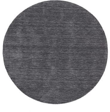 RUG PRINCE Wollteppich Gabbeh Uni 150x150 Handgewebt Rund Schwarz Einfarbig a