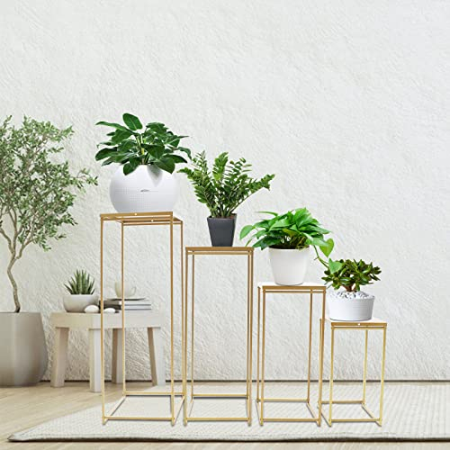 SanBouSi 4 Stück Säulentisch Blumenhocker Metall Eckig Pflanztisch Industriestil Romantischer Bodenständer Dekor 45cm, 60cm, 75cm, 90cm Hoch Gold