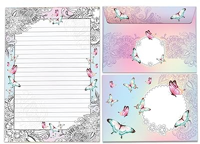 Briefpapier-Set Briefblock mit Umschlag für Mädchen Kinder Schmetterlinge Blumen (Block A5 mit 25 Blätter + 15 Umschläge)