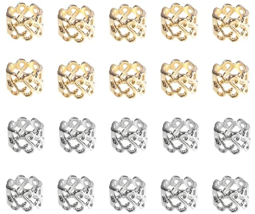 AZWOOD Dreadlock Schmuck Metall Cuffs Haar Dreadlocks Zubehör, 20 Stück Haarspiralen Clips Haar Geflecht Ringe Perlen Flechtet Haarschmuck Für Männer Und Frauen(Gold,Silber)