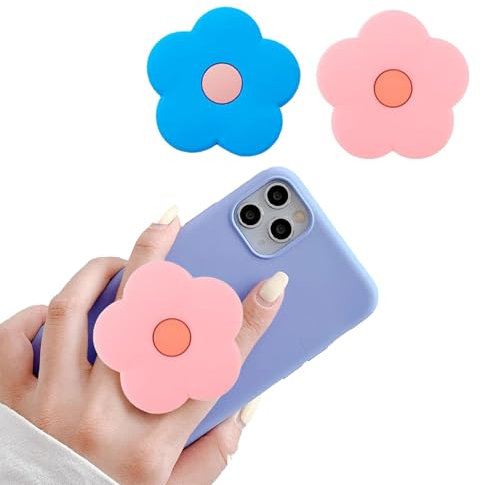 2 Pcs Pink Daisy Silicone Grip Stand - Cute Flower 2D Cell Phone Holder - Collapsible Expandable Accessory for Smart Phone Tablet,Swappable Top Stand and Grip for Smartphones and Tablets