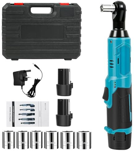 Cordless Ratchet Wrench, 12V Electric Ratchet Set, 3/8 Ratchet Wrench with 2 * 2.0Ah Batteries & Charger, Powered Ratchet Wrench Includes 6 Sokets, 45N.m, 600RPM with LED Light Tool kit (Blue)
