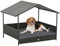 PawHut Hundehütte in Form einer erhöhten Hütte mit abnehmbarem Kissen und Geländer, Hundehütte aus PE-Rattan und Stahl, 117 x 85 x 89 cm, grau und dunkelbraun