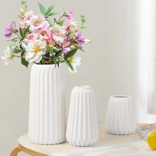 Vaso in Ceramica Bianca da 3 Pezzi, Blumacht Fiori Secchi Pampas Erba Vasi per Centrotavola Bouquet, Moderno Ingresso Tavolo Mensola Camera da Letto Soggiorno Arredamento