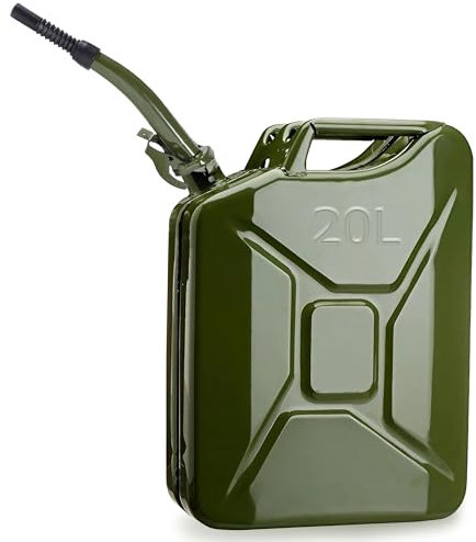 ESTO Bidón de gasolina de metal verde militar capacidad 5 L, 10 L, 20 L con o sin boquilla, cierre de seguridad, antioxidante, certificado UN transporte de mercancías peligrosas, 20 litros/con