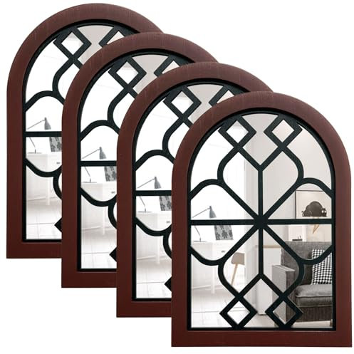 ZEXUIRU 4 espejos de pared con ventana arqueada, espejo rústico de granja, espejo de entrada con marco de madera para sala de estar, baño, dormitorio, cocina, 9.8 x 13.7 pulgadas, color marrón