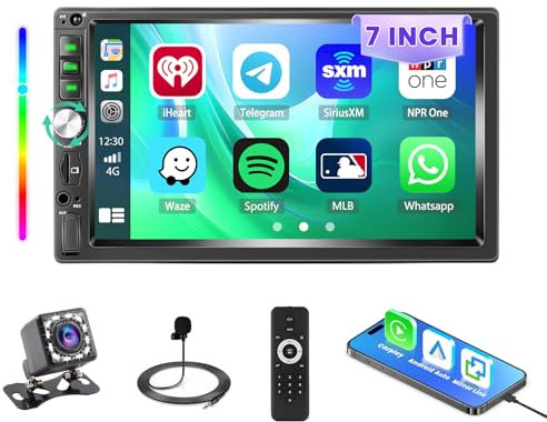 Roinvou Carplay Radio Coche 2 DIN con Android Auto, 7 Pulgadas Radio Coche Bluetooth Pantanlla Táctil soporta Manos Libres/FM/EQ/Mirror Link/USB/AUX/TF Control del Volante + Cámara Trasera
