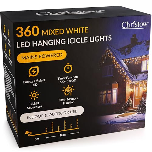 CHRISTOW Hanging Icicle Christmas Lights, Mixed White, 360 LEDs | 5mm LEDs, 30/60cm Drops, 8 Modes, Memory, 6-Hour Timer, Mains Powered, 5m Cable, Indoor/Outdoor Use, 10m Lit Length