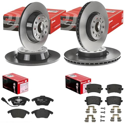brembo Bremsscheiben + Beläge vorne + hinten | 09.9772.11 + P85075 + 08.A202.11 + P85109 passend für Passat 3C B6 B7 CC