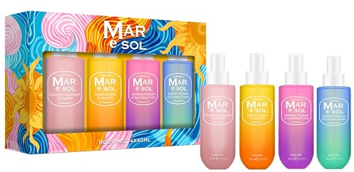 Mar e Sol Body Mist Damen Geschenkset (4 x 40ml) – Karamell Macadamia & Vanille, Strahlende Tuberose & Kokoscreme, Salzkaramell & Pistazie, Sonnenbouquet & Spritzige Früchte – Bis 6 Std. haltbar