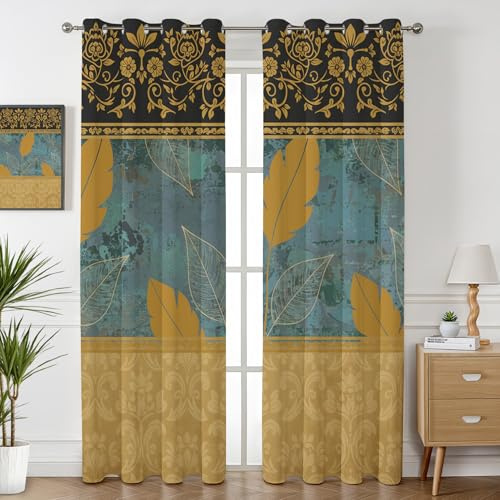 Havenix Barock Florale Ornamente Vorhänge Blickdicht Wohnzimmer Blätter Muster Vintage Türkis Gold Vorhang mit ösen Gardinen 175 cm Hoch 2er Set Verdunklungsvorhänge für Schlafzimmer Fenster