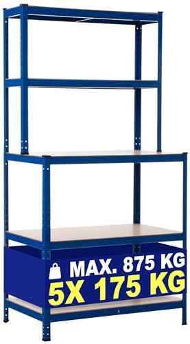 CLP Steckregal Mit Werkbank I Böden Bis Je 175 KG Belastbar I Lagerregal Aus Metall, Farbe:blau