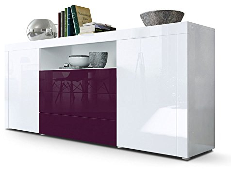 Vladon Sideboard Santiago, Made in Germany, Weiß Hochglanz/Brombeer Hochglanz - Moderne Kommode für Ihr Wohnbereich - (BxHxT) 167 x 72 x 35 cm