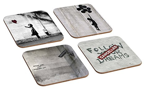 4-teiliges Untersetzer-Set aus Holz von Banksy Street Art