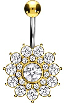 PIERCINGLINE Titan Bauchnabelpiercing 925er Silber Design KRISTALLBLUME Goldfarben Banane Bananabell Goldfarben