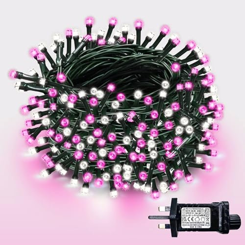 WISD Christmas Tree Lights - 400 LED 23M Dimmable Xmas Fairy Lights on Green Cable with 12 Modes, Timer and Memory - Plug in String Light for Indoor Outdoor Garden Bedroom Party Decor (Pink + White)