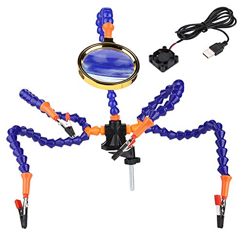 Drfeify Lötende Hände, Aluminium-Fünf-Arm-Lötstation mit Lupe, die Reparatur-Werkzeug schweißt(Mit Lüfter)