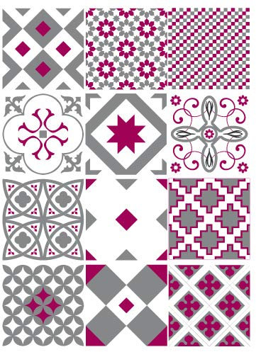 | Carrelage Mural Autocollant | Planche de 12 Stickers Autocollants Adhesifs Carrelage - Carreaux de Ciment - Pink - Dimensions d'un Sticker : 20 x 20 cm - Cuisine Salle de Bains Meubles ...