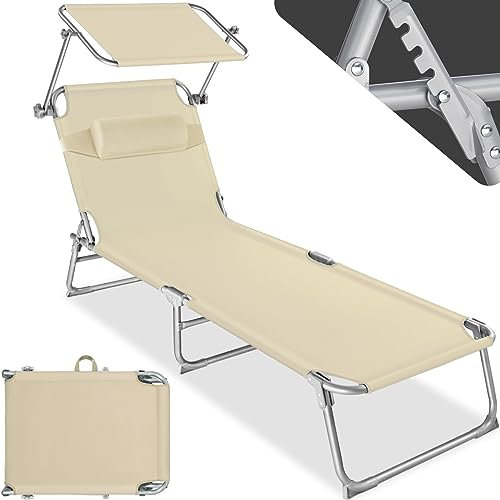Tectake® Chaise Longue Pliante Bain de Soleil avec Pare Soleil & Appuie-tête - Inclinable Transat de Plage Relax pour Jardin, Camping, Salon Extérieur - Beige
