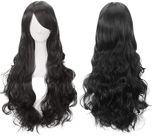 Colorful panda 32 Zoll 80 cm schwarz lange gewellte cosplay perücke für frauen, volles haar mit pony lange lockige synthetische perücke für mädchen, anime Cosplay Halloween kostüm party Perücke