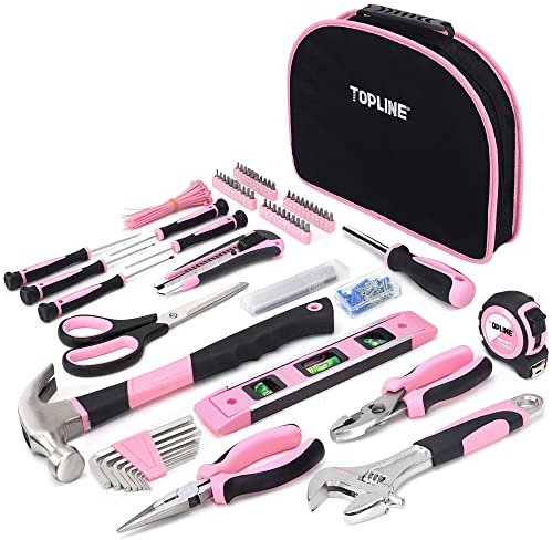 TOPLINE 208-Piece Ladies Pink Tool Set with Easy Carrying Round Pouch, Home Tool Kit for Women with Durable Materials and Soft Handles, Perfect for Gifts, DIY Projects and Home Improvement