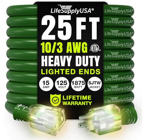 LifeSupplyUSA 10/3 25 Foot Extension Cord, Lighted End, 15A, 125V, Indoor & Outdoor, ETL Green