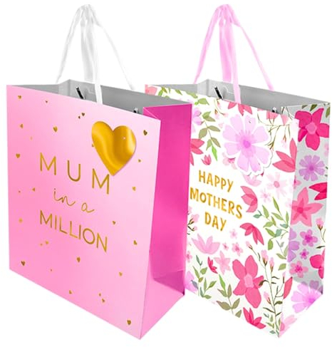 Geschenktüten zum Muttertag, mittelgroß, mit Geschenkanhänger, 2 Stück, 25,4 cm x 21,3 cm x 10 cm, dicke Luxus-Papier-Geschenktüte zum Muttertag