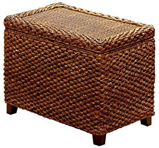 SMSOM Rattan Bed end Stool Cube Storage Ottoman Foot Stool Comfortable Seat with Wooden Feet and Lid, Soft Padding