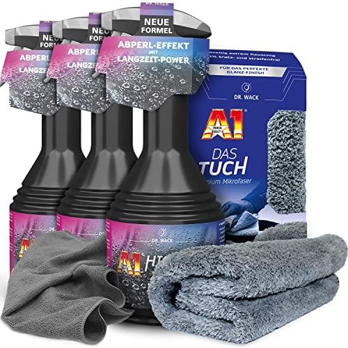 detailzone Autopflege Set: 3x Dr. Wack A1 HIGH END Spray Wax Lackversiegelung Autowachs + 1x Dr. Wack DAS TUCH + Premium Mikrofaser Poliertuch 40x40cm