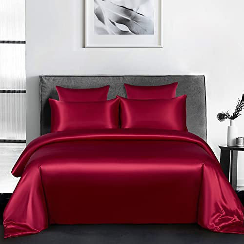 Michorinee Housse de Couette Satin 200x200 Vin Rouge avec 2 Taies d'oreiller 65x65 cm Parure de Lit Adulte 2 Personnes Linge de Lit Satin de Soie Brillante avec Fermeture Éclair