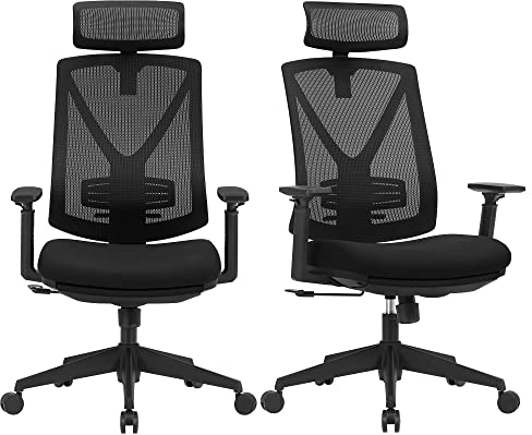 SONGMICS Bürostuhl mit Fußstütze, 2er Set, Ergonomischer Schreibtischstuhl mit Lordosenstütze, verstellbare Kopfstütze und Armstütze, Höhenverstellung und Wippfunktion, schwarz OBN61BKV1-2