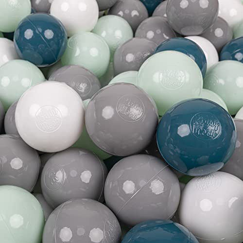 KiddyMoon 300 Bälle/7Cm Kinder Bälle Spielbälle Für Bällebad Baby Einfarbige Plastikbälle Made In EU, Dunkeltürkis/Grau/Weiß/Minze