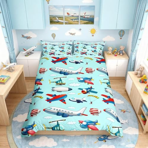 Kids Aircraft Duvet Cover Boys Cartoon Airplane Print Comforter Cover Hubschrauber Flying Plane Bedding Set Travel Decor Bedspread Cover Cute Colorful Planes Room Decor Double Bedclothes Zipper