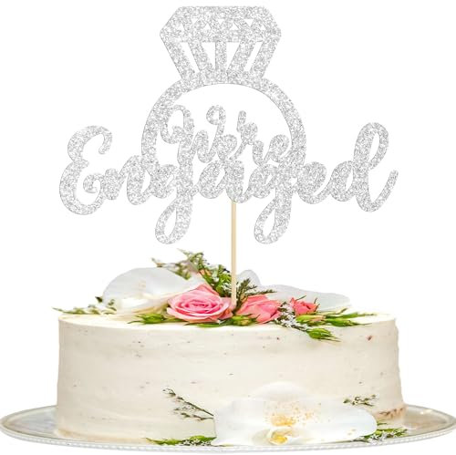 1Pc Silver Glitter We're Engaged Cake Topper With Diamond Ring Love Wedding Cake Decoration for Wedding Engagement Birthday Party Cake Decorations Party Supplies