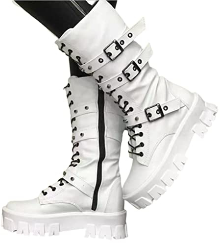ORANDESIGNE Damen High Heel Ritterstiefel Klobiger Absatz Lederstiefel Frauen Plateau Schwarz Winterstiefel Roune Zehe Partyschuhe mit Reißverschluss J Weiß 37 EU