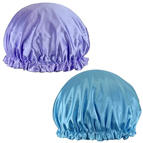 2 Pcs Shower Caps for Women, Waterproof Double Layers Reusaable Shower Caps, Oil-proof Cap Bath Caps for Kids, Ladies, Girls (Simple)