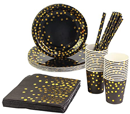 125 Pezzi Stoviglie per Feste, Oro Nero Piatti Carta Compleanno Set Include Piatti di Carta Bicchieri Tovagliolo Cannuccia per Varie Feste di Compleanno e Matrimonio (25 Ospiti) (Oro&Nero)