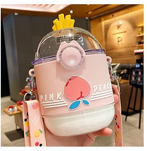 Gourdes d'eau Gourde Bouteille d'eau 390 ML Kawaii Fraise Pêche Bouteille d'eau avec Paille Sangle en Plastique Portable Voyage en Plein Air Fruits Boissons Bouteilles Gourde Sport (Blue : Pink B, S