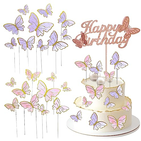 21 Stück Schmetterlinge Tortendeko, Kuchen Topper, Happy Birthday Dekoration für Mädchen Geburtstag und Geburtstagsfeier