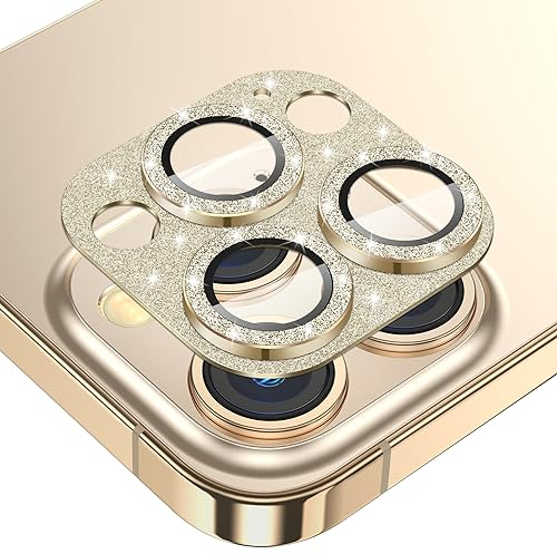 Fewdew Kameraschutz für iPhone 15 Pro/iPhone 15 Pro Max,9H Gehärtetem Glas [HD-Klarheit] [Anti Kratzen], Metallring Kamera Schutzfolie für iPhone 15 Pro/15 Pro Max,Gold Glitzer